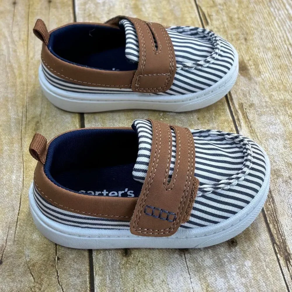 Carters Boys Crew Boat Loafers Blue White Striped Shoes Size 4M